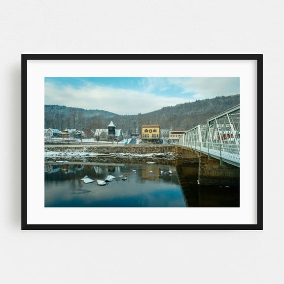 Shelburne Falls in Winter 01 - Shelburne Falls Massachusetts Photography Winter Bridge Snow Scenic Architecture Rural Landscape Black Framed Wall Art Print 16 x 24 inches