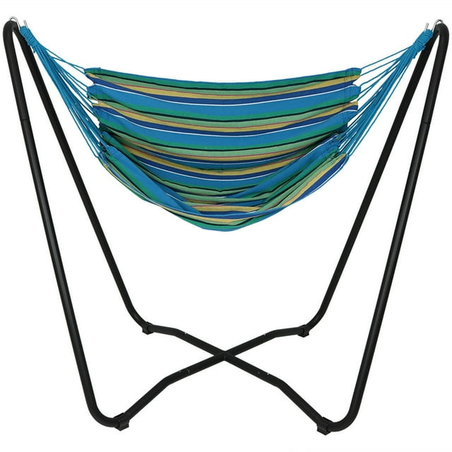 Sunnydaze Hanging Rope Hammock Chair with Space-Saving Stand - 330 lb Weight Capacity - Ocean Breeze