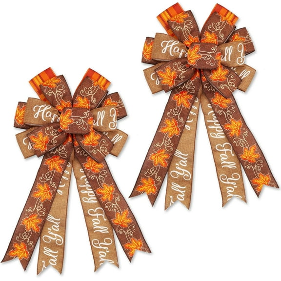 Large Fall Bows for Wreath 20x11 Inch, 2 Pack Pre-Tied Thanksgiving Wired Ribbon, Decorative Autumn Tree Topper Bow for Front Door Indoor Outdoor Harvest Decorations (Flaxen, Maple)