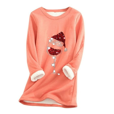 ONXITOM Synchronize new products at the counter trendy graphic plus size long sleeve cotton Tee shirt for Women Thick Fleece Christmas Printed Sweatshirt Winter Warm Underwear Round Neck Blouses Tops