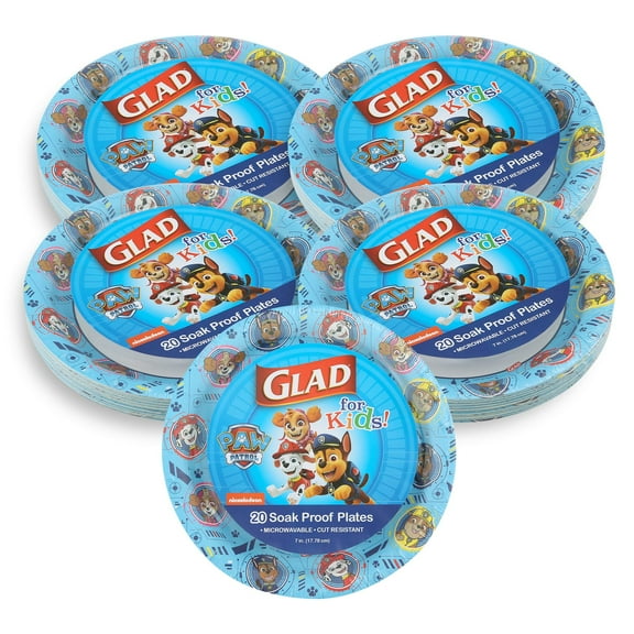 Glad For Kids 7-Inch Paper Plates | Small Blue Round Paper Plates With Paw Patrol Design | 20 Ct Heavy Duty Disposable Soak Proof Microwavable Paper Plates, 5 Pack (100 Plates Total)