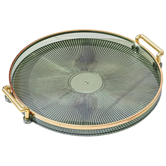 Fruit Tray With Gold Handles, Green Round Plastic Vanity Tray, Multi-Functional Snack Plate For Kitchen Living Room Bathroom, Radial Texture, Stylish