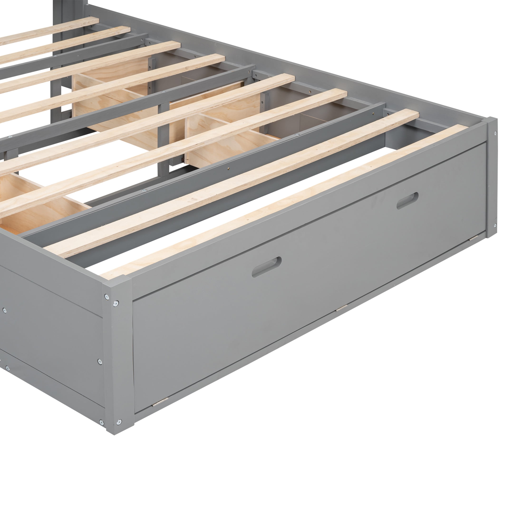 Noble House Norva Queen Size Wood Platform Bed, Storage Headboard with Integrated Drawers and Shoe Rack, Gray