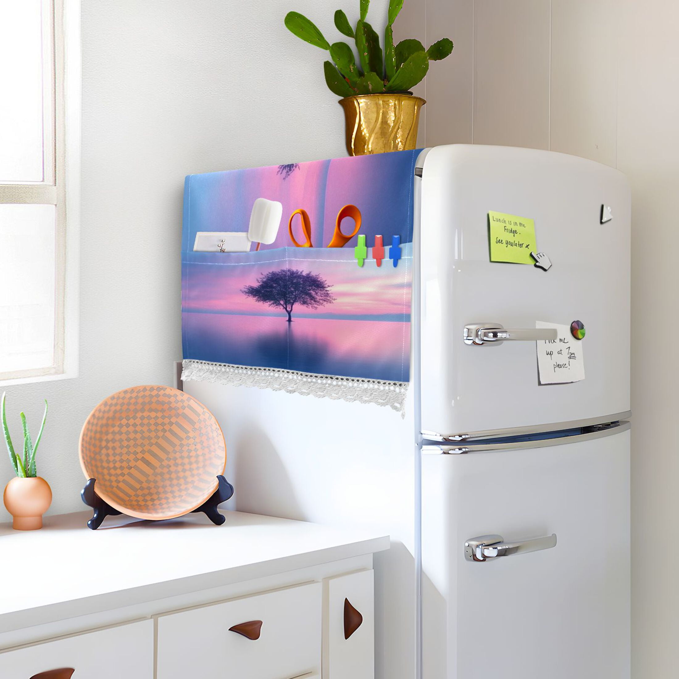 Pink Tree Washer and Dryer Covers Dust-Proof and Oil Resistant Fridge Cover with 4 Storage Pockets Washing Machine Top Cover for Laundry Kitchen Home 51.2 x 22 In