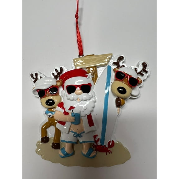 Santa Beach Hangout Family of 3 Personalized Christmas Ornament