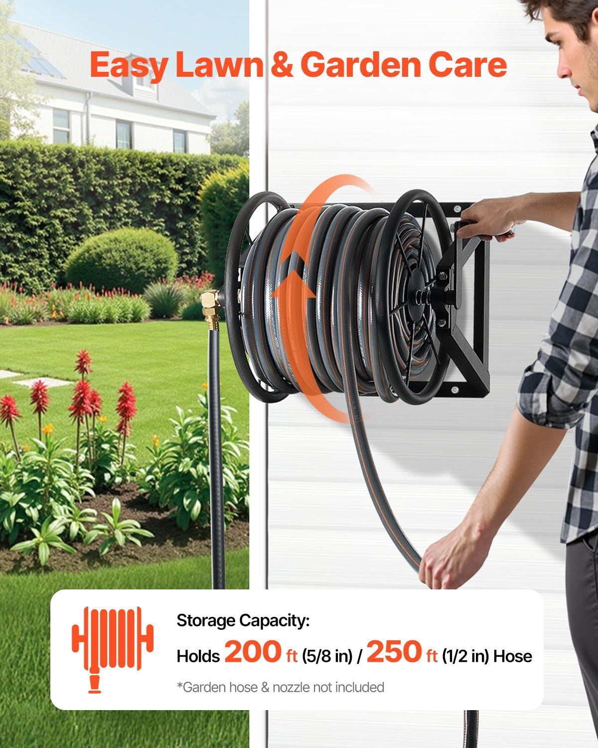 Wall Mounted Garden Hose Reel 200ft 5/8 in Manual Hose Winder Brass Fitting