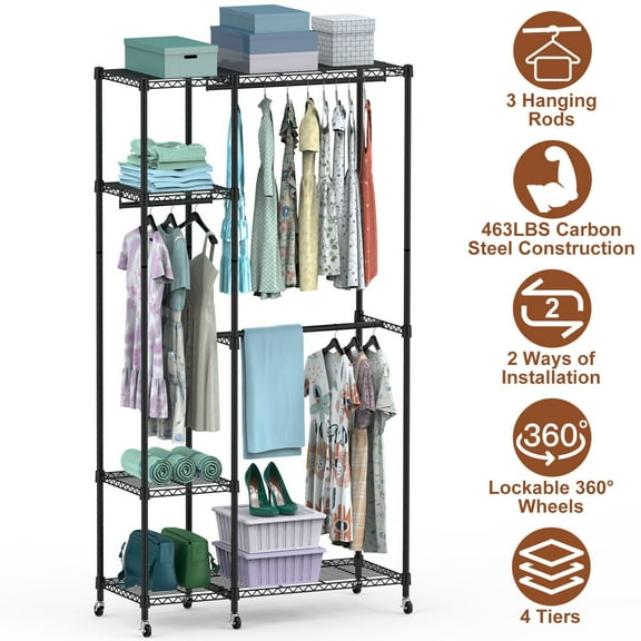Imountek 4-Tier Heavy Duty Rolling Clothing Rack with Wheels, 3 Hanging Rods & 6 Footrests, 463lbs Capacity, Freestanding Wardrobe Organizer (44.9"x17.13"x77.95")