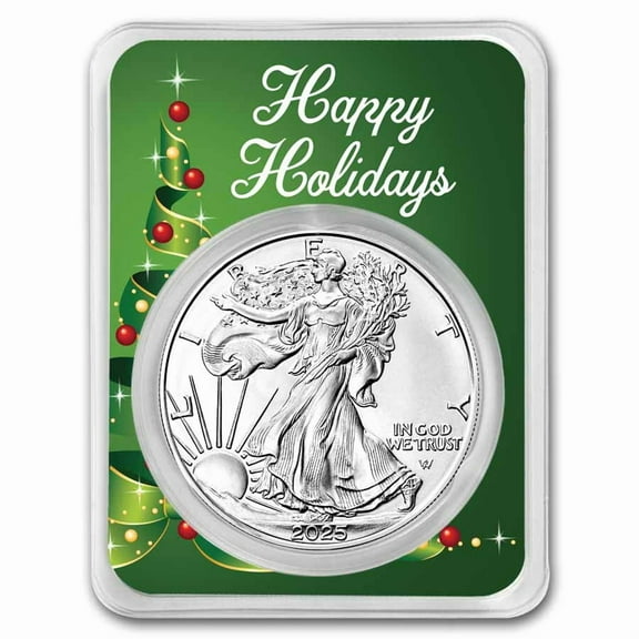 2025 1 oz American Silver Eagle - w/Holiday Ribbon Tree Card