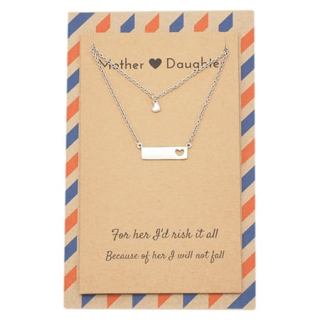 Quan Jewelry Heart Bar Pendants Mother Daughter Necklace Set, Best Mom's Gift Jewelry and Greeting Card, Silver