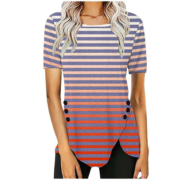 Blusas de Manga Corta para las Mujeres, Botón Impreso Casual Abajo Cuello Redondo Superior, Tela de Imitación Ligera