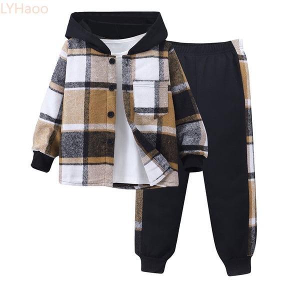 LYHaoo Toddler Boy Clothes Plaid Hooded Shirt 2 Piece Outfit: Button Front Toddler Hoodie & Sweatpants Set (3~7 Years) Boys Pants Clothing Set Sizes (18-24 Months)