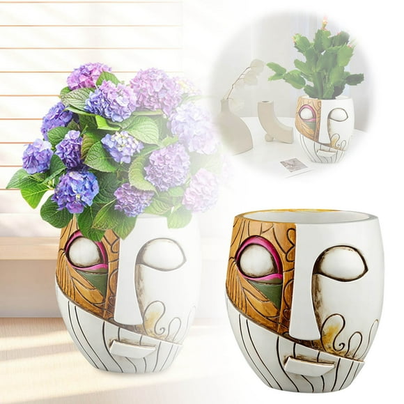 Piston Man Sculpture Metal Garden Sphere Elephant Statue Outdoor Facial Resin Flower Pot Abstract Beauty Face Flower Pot Decoration Abstract Face Flower Pot Abstract Head Flower Pot Container Colorful