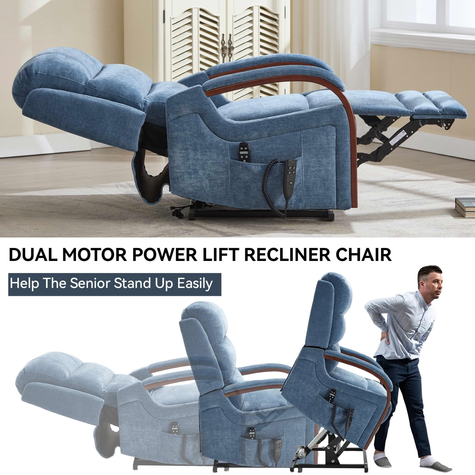 MAYEERTY Blue Chenille Dual Motor Power Lift Recliner, 350lbs Solid Wood Armrest Massage Heat 30"x36"x43" for Elderly