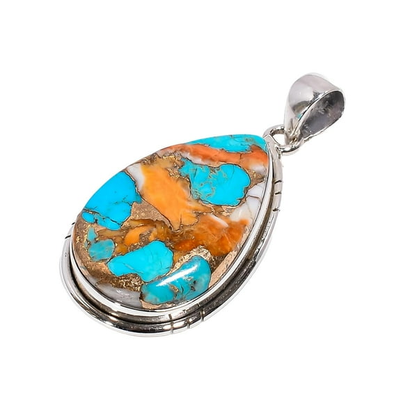Orange and Blue Copper Turquoise Gemstone 925 Sterling Silver Handmade Statement Pendant
