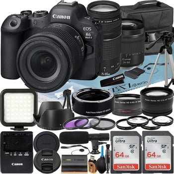 Canon EOS R6 Mark II Mirrorless Camera with RF 24-105mm Lens   EF 75-300mm   Mount Adapter   2 Pack SanDisk 64GB Memory Card   LED Flash   Case   ZeeTech Accessory