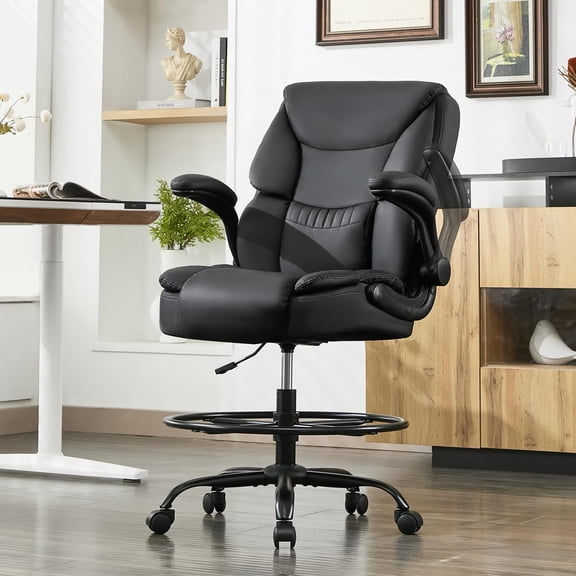 500LBS Drafting Chair, High Back Standing Desk Chair, Executive Tall Office Chair with Flip-up Armrests, Upholstered PU Leather Task Chair
