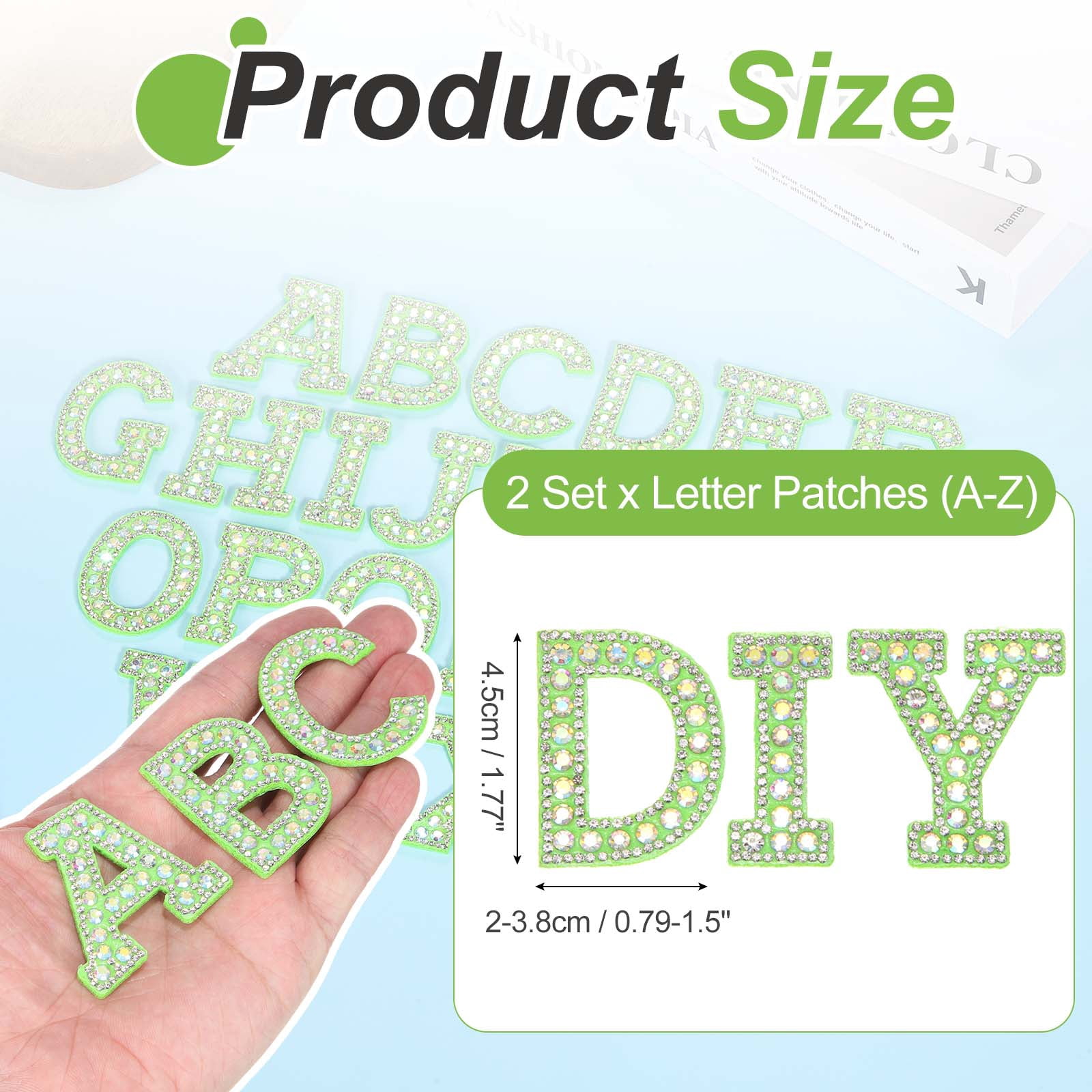 Uxcell 26pcs Letter Iron on Patch Decorative A-Z, Green Glitter Pearl Alphabet Applique Rhinestone English Letter for DIY Clothing Repair Hat Bag