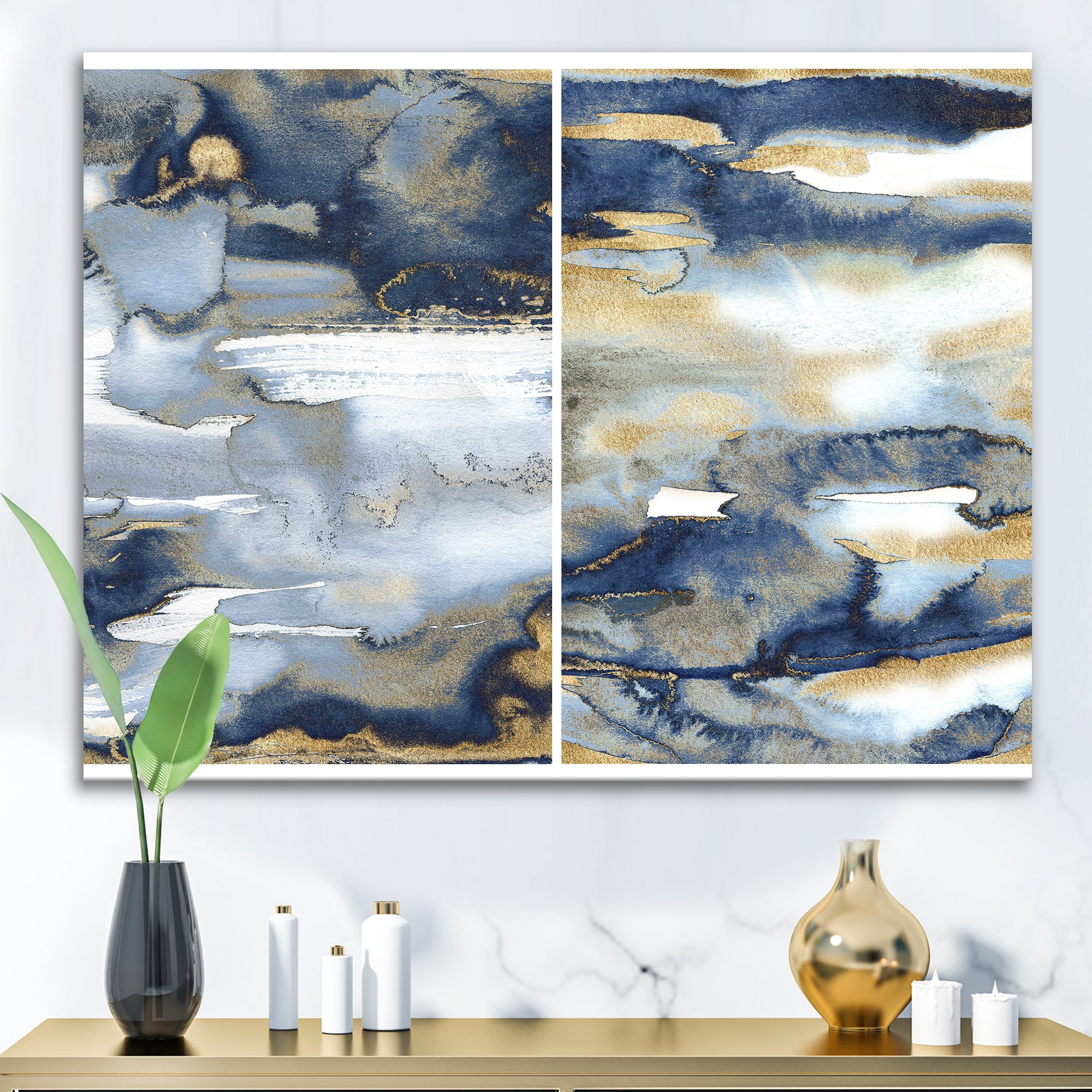 Designart ' Gold and Dark Blue Abstract II ' Modern Canvas Wall Art Print