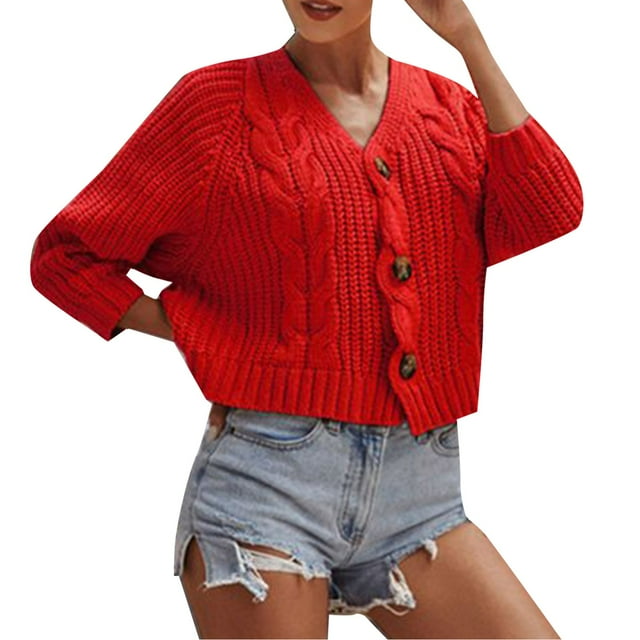Baberdicy Cardigan Sweater Ladies Solid Color Button Sweater Knit Cropped Loose Cardigan Women's Cardigans Red