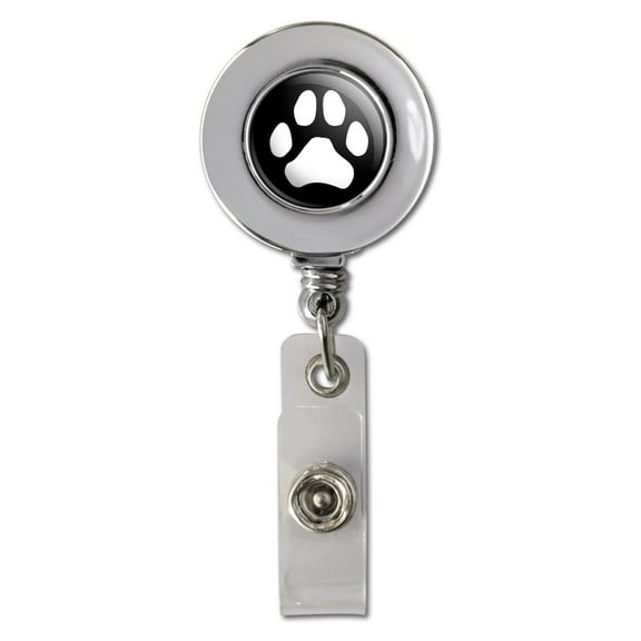 Paw Print Dog Cat White on Black Retractable Reel Chrome Badge ID Card Holder Clip