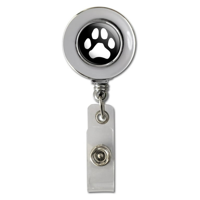 Paw Print Dog Cat White on Black Retractable Reel Chrome Badge ID Card  Holder Clip