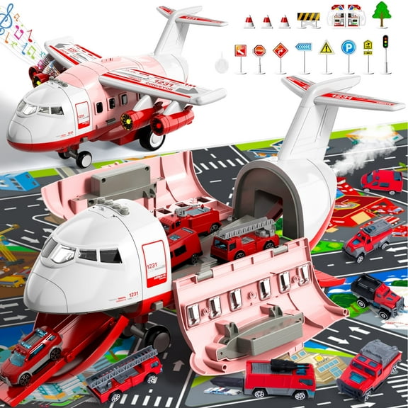 KukuFun Airplane Toys for Toddlers Ages 1 2 3 4 5 Years Old Boys Girls, Large Transport Spray Aeroplane Toys with 10 Fire Truck Vehicles, 3-6 Years Old Boys Toys