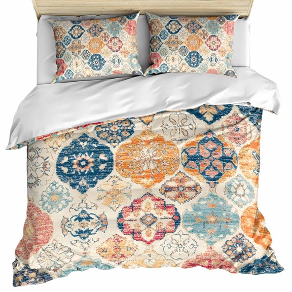 Boho Morocco Bedding 3 Piece Duvet Cover Set California King, Retro Farmhouse Ethnic Neutral Aesthetic Soft Microfiber Comforter Cover with Zipper Closure & Pillowcases, FadeResistant Quilt Cover