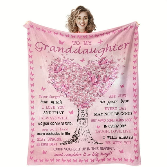 Cherished Granddaughter Gift Heartfelt Message from Grandma & Grandpa Cozy Pink Flannel Blanket with Tree & Butterfly Design