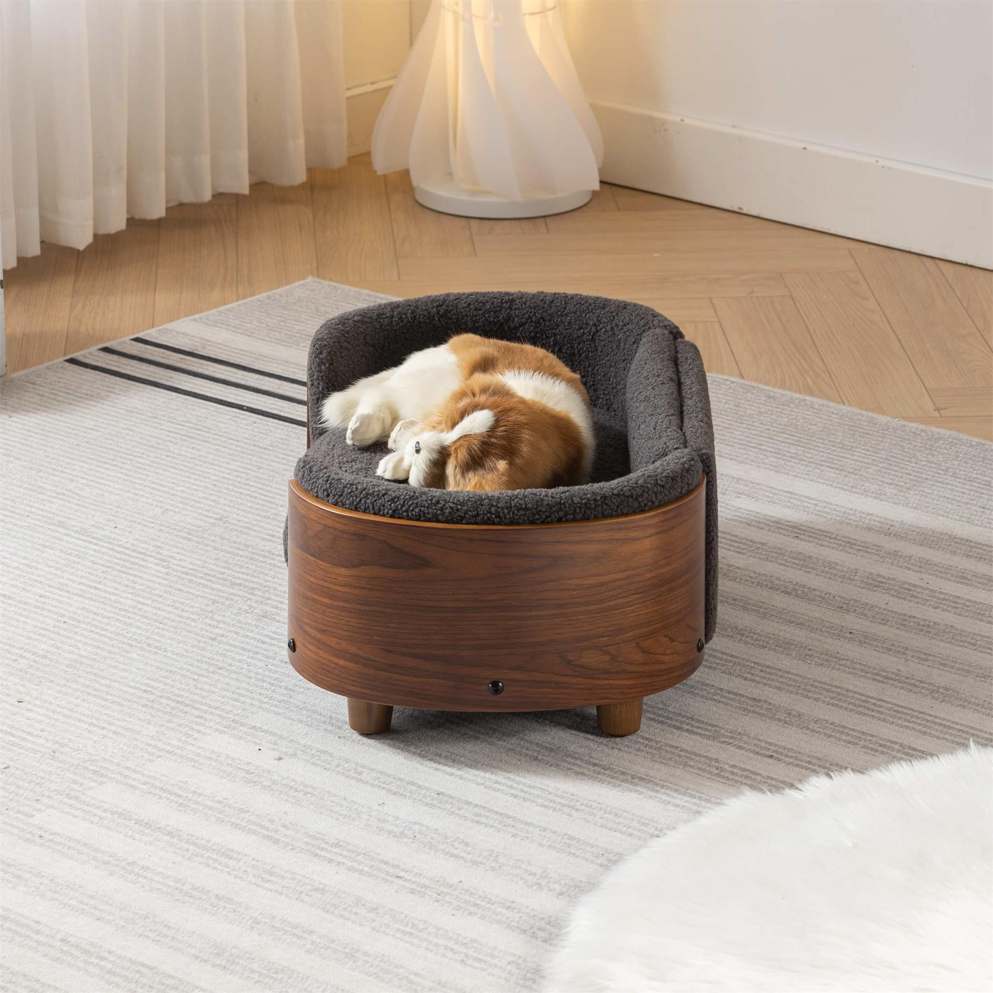Pefilos 26" Pet Sofa for Indoors Dogs, Cat and Dog Bed with Solid Wood Legs and Walnut Bent Wood Back, Cashmere Cushion, Gray Pefilos 26" Pet Sofa for Indoors Dogs, Cat and Dog Bed with Solid Wood Legs and Walnut Bent Wood Back, Cashmere Cushion, Gray