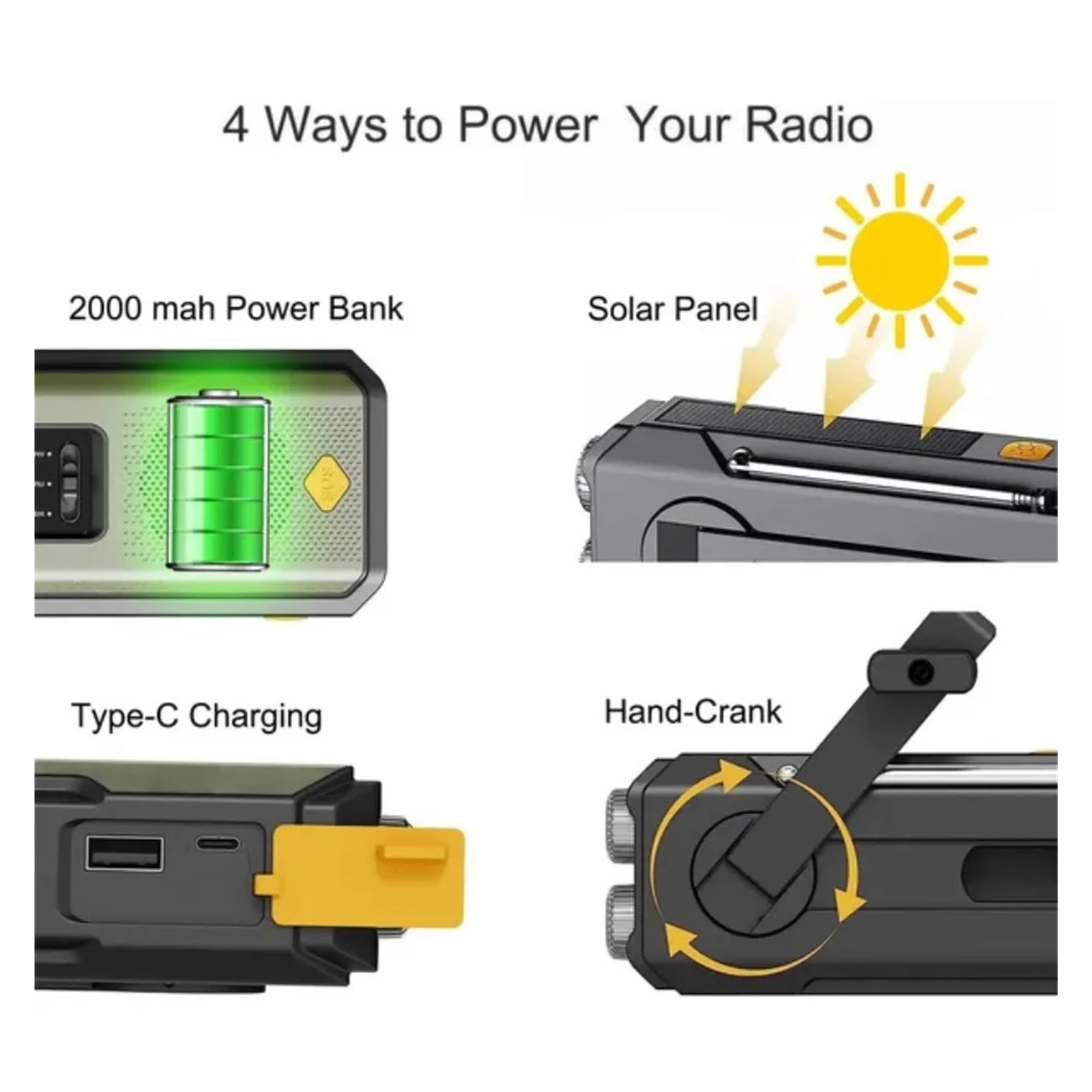 Weather Radio Emergency Multifunctional Radio FM AM WB Hand Crank Solar USB Charging 2000mAh Power Bank LED Flashlight Torch ,Listen Anytime, Anywhere