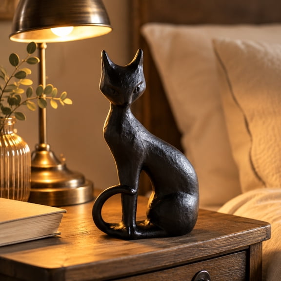 Sculpted Bronze Tone Black Sitting Cat Resin Figurine Textured Feline Tabletop Statue Vintage Indoor Home Shelf Decor