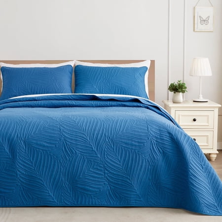 Exclusivo Mezcla Ultrasonic Full Queen Size Quilt Set Dark Blue 3 Pieces Lightweight Bedspread Leaf Pattern Bed Cover Soft Microfiber Coverlet Bedding Set for All Seasons