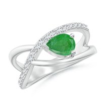 ANGARA Natural Criss Cross Pear Shaped Emerald Ring with Diamond Accents in 14K White Gold for Women (Size-7x5mm) | May Birthstone, Anniversary, Jewelry Gift for Women | Natural Emerald Ring