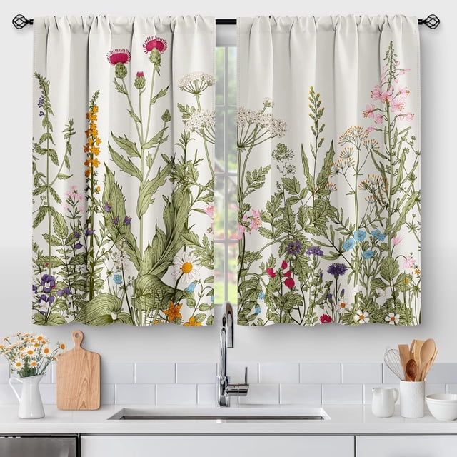 Floral Rustic Plant Kitchen Curtains - Spring Flower Botanical Farmhouse Country Green Leaves Small Cafe Short Tier Curtains for Bathroom Rod Pocket Window Drapes 24 Inch Length 2 Panels Set