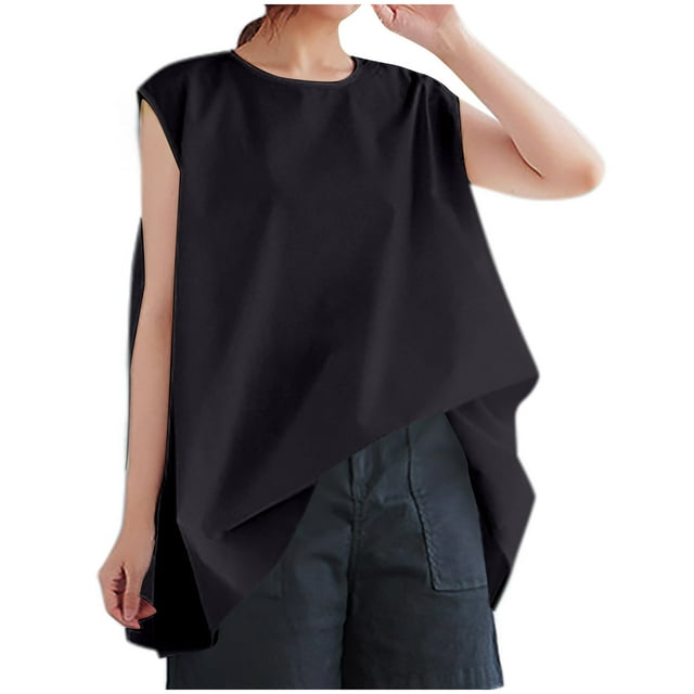 Vestidos Casuales Para Mujer, Blusas De Mujer De Moda Camisa de mujer con cuello redondo, sin mangas y espalda de lino