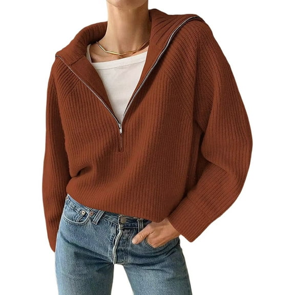 Womens Quarter Zip Pullover V Neck Collar Long Sleeve Ribbed Knit Loose Casual Winter Fall Sweater Red-Brown M