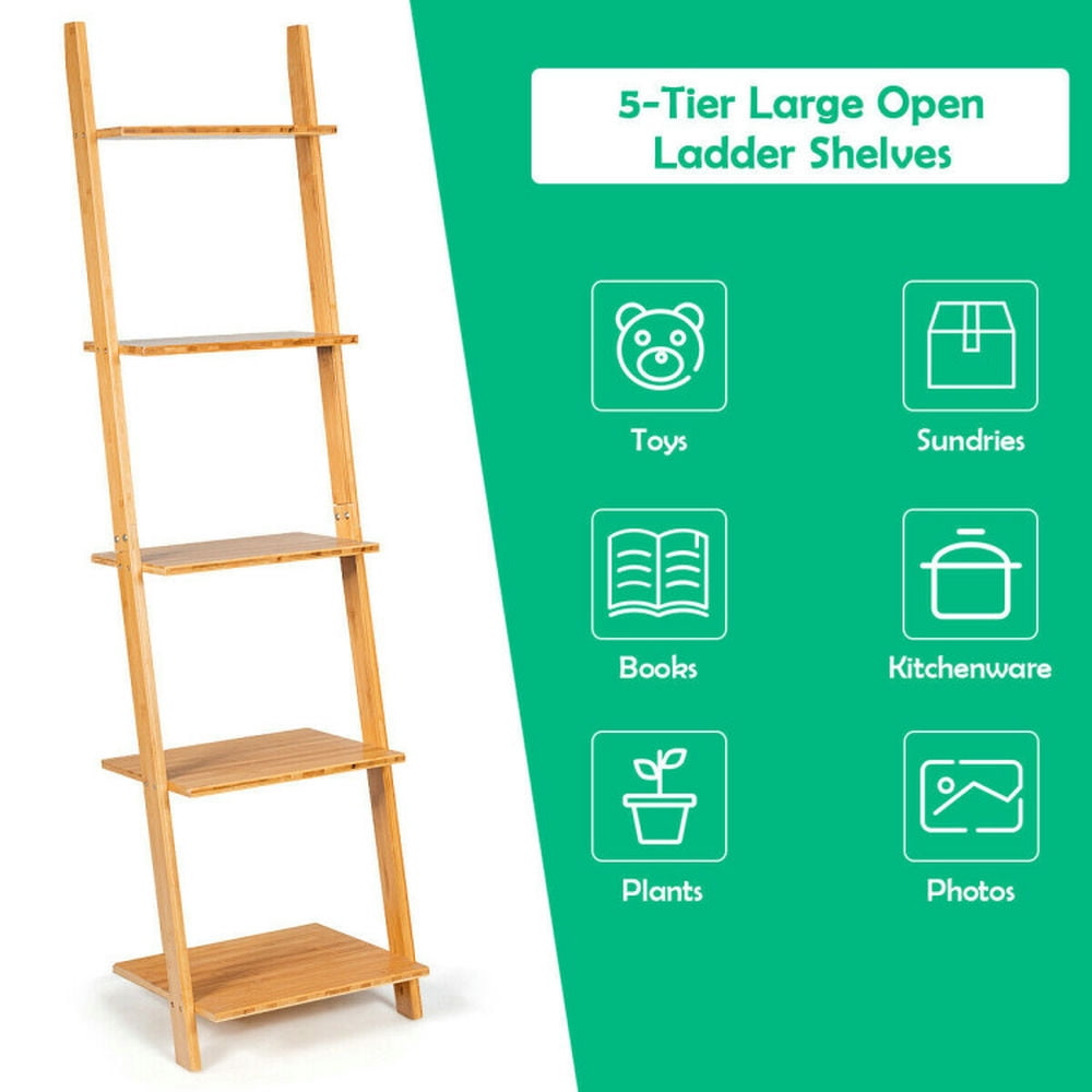 Demi Bonn 5-Tier Modern Bamboo Bookshelf, Wall-Leaning Display Ladder Storage Stand Rack, Beige