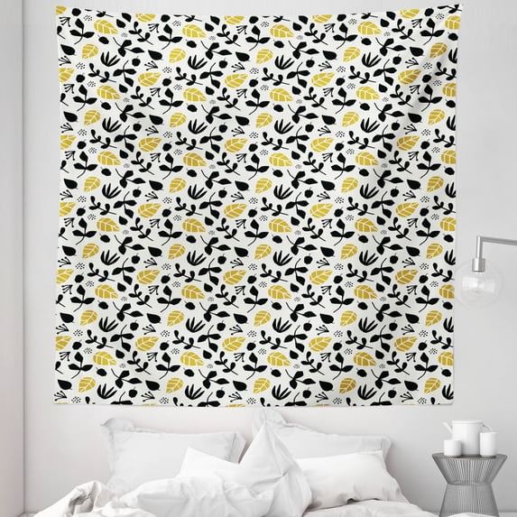 Acorn Tapestry, Repeating Silhouettes Autumn Season Illustration on Off White Background, Fabric Wall Hanging Decor for Bedroom Living Room Dorm, 5 Sizes, Black White and Yellow, by Ambesonne
