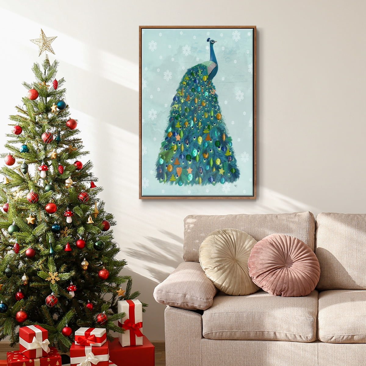 Christmas Peacock Christmas Tree - Framed Gallery Wrapped Holiday Canvas - 25 x 37 - Rosewood Frame