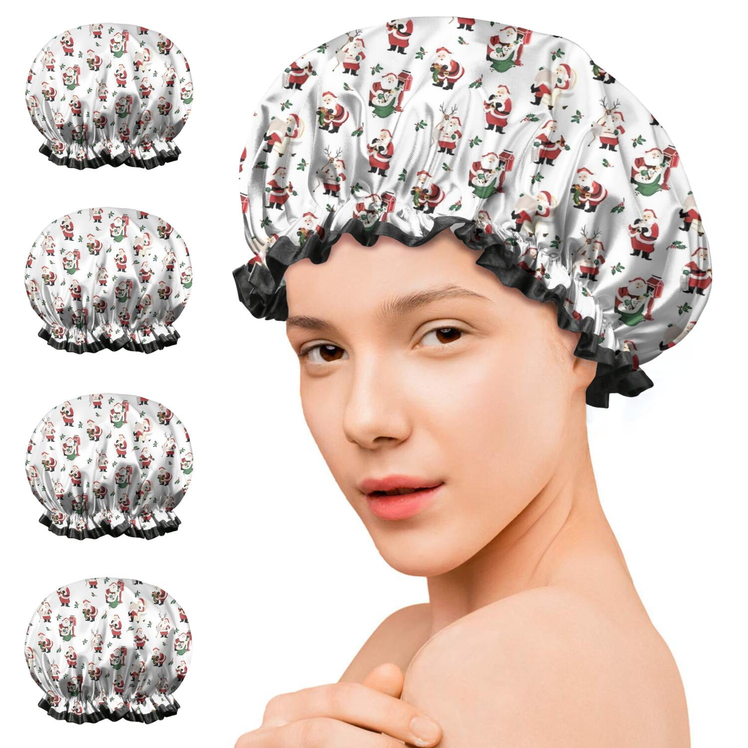 Shower Caps,White Christmas Santa Pattern Waterproof Shower Cap for Women 4 Pieces,Double Reusable Hair Cover for Shower PEVA Elastic Stretch Hem