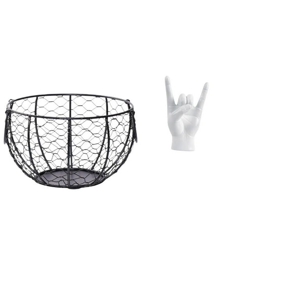 Egg Basket Iron Wire Woven Fruit Storage Basket Rock Gesture Statue Resin Durable for Kitchen Countertop Home Decor