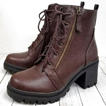 

FITORON Womens Mid Calf Boots- Ankle Boots Zipper Solid High Heel Slip Round Toe Fall Winter Chunky Booties Brown 37