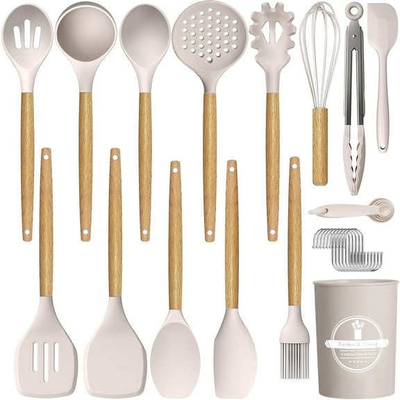 GPED 29 Pcs Silicone Kitchen Utensil Set, Cooking Utensils Set with Wooden Handle, Food Grade Silicone Spatula Set, BPA-Free, 446°F Heat Resistant Kitchen Gadgets Tools Set, Khaki