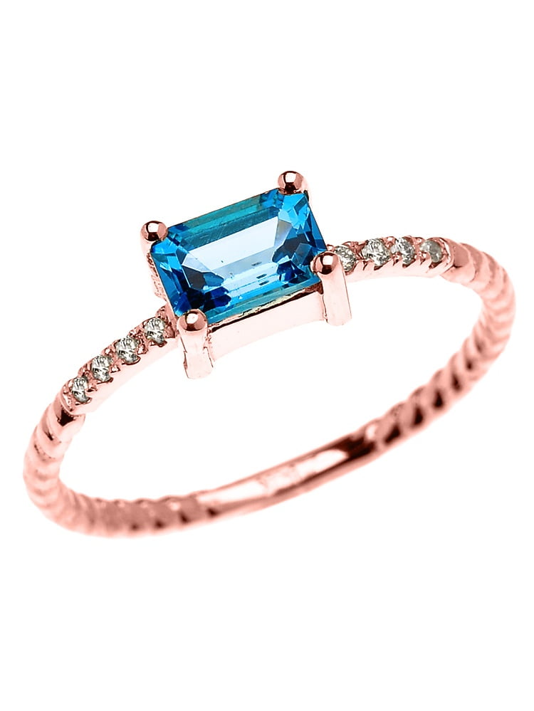 Dainty Rose Gold Solitaire Emerald Cut Blue Topaz and Diamond Rope Design Engagement Promise Ring (14K, 5.25) by