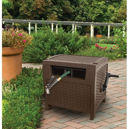 Suncast 175 Foot Slide Trak Outdoor Garden Resin Water Hose Reel, Hose Hideaway, Mocha Brown