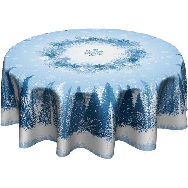 Snowflakes Round Tablecloth 60 Inch - Blue White Winter Trees Table Cloth Snow Splash Crystal Circle Table Cloth Christmas Xmas Ice Spot Table Cover for Kitchen Room Party Picnic