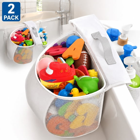Saddle shape 2 Compartments Bath Toy Organizer, Easy Access for Children, Wide Opening Bath Toy Holder for Drying Toys and Storage, Mesh Shower Toy Holder and Bath Tub Toy Storage Organizer for Tub.