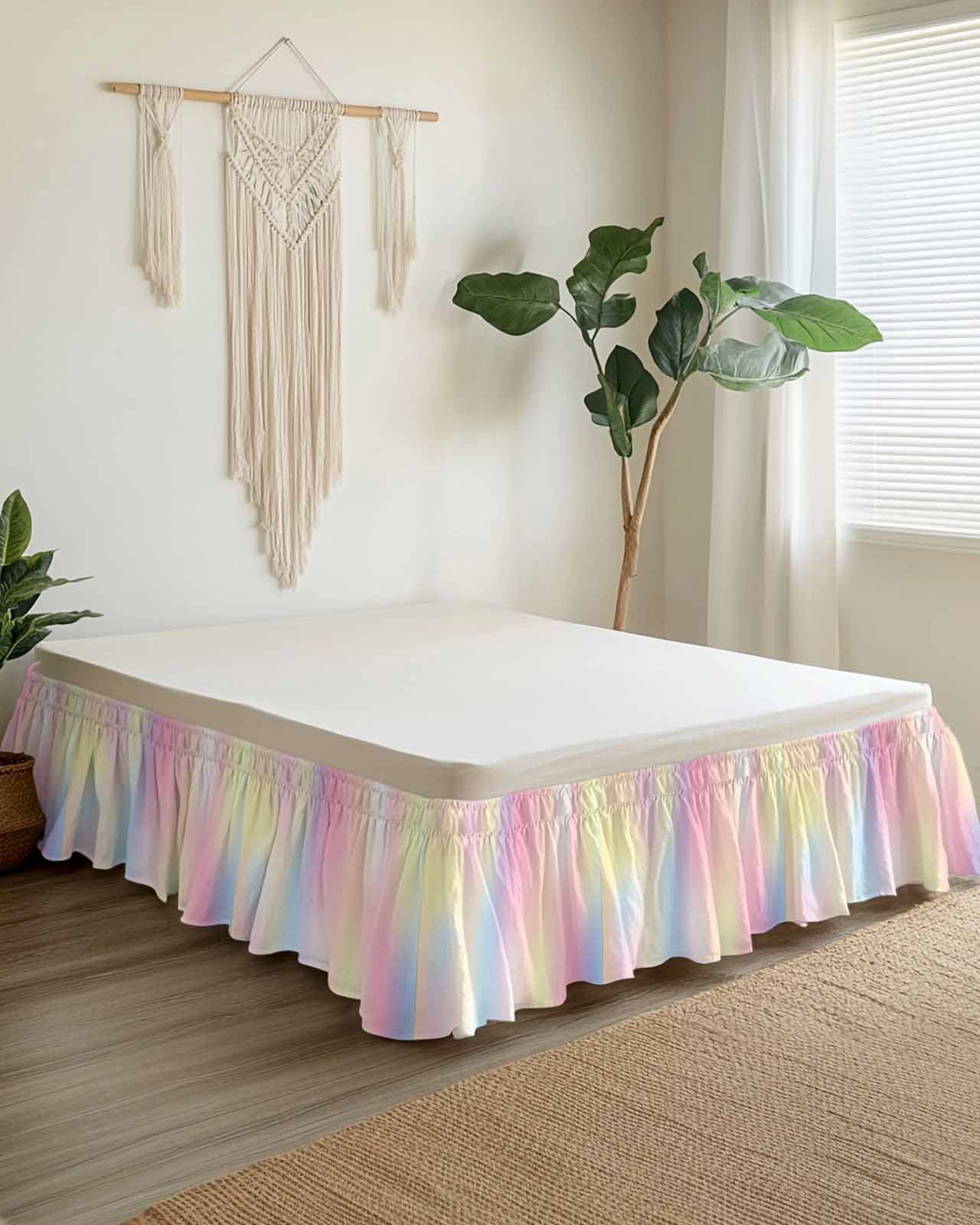 Colorful Gradient Bed Skirt Pink Yellow Abstract Bed Skirts Queen Size 16 Inch Drop, Wrap Around Dust Ruffle&nbsp;Bedskirt with Adjustable Elastic Belt for Queen Size Beds