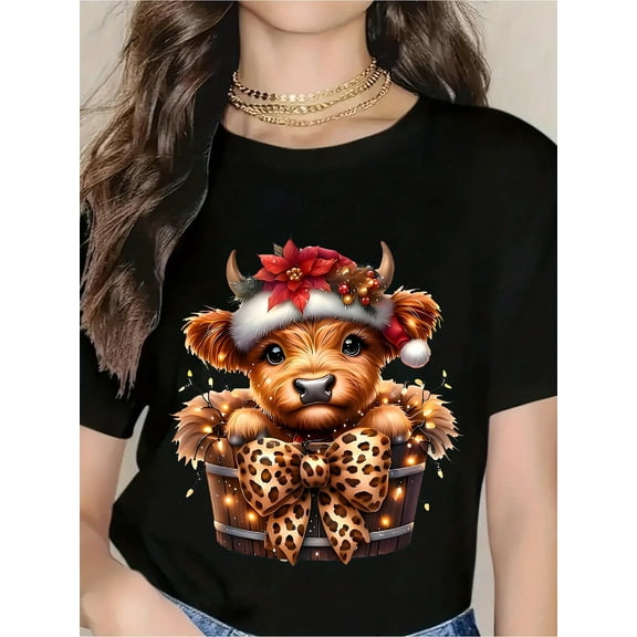 Christmas Cow T-Shirt For Women, Festive Holiday Animal Design With Santa Hat And Leopard Bow, Cute Christmas Gift Tee For Xmas Party, Winter Seasonal Wear, Unisex White Cotton Top