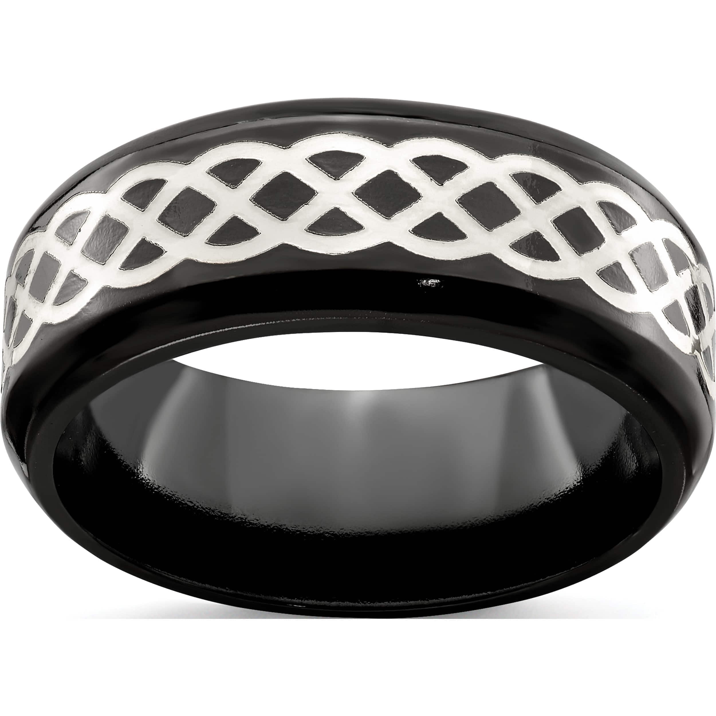 Titanium/Silver Two-Tone Edward Mirell Black Ti & Sterling Silver Satin Polished Inlay Celtic Ring (Size 13.5) Made In United States emr278-13.5
